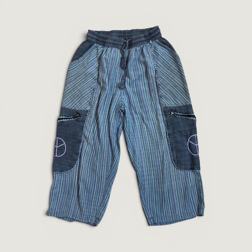 Rising International Cargo Pants Women Small Blue Striped Peace Sign Boho Capri